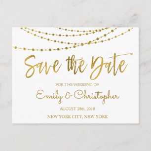 White and Gold Foil Save the Date Announcement Postcard