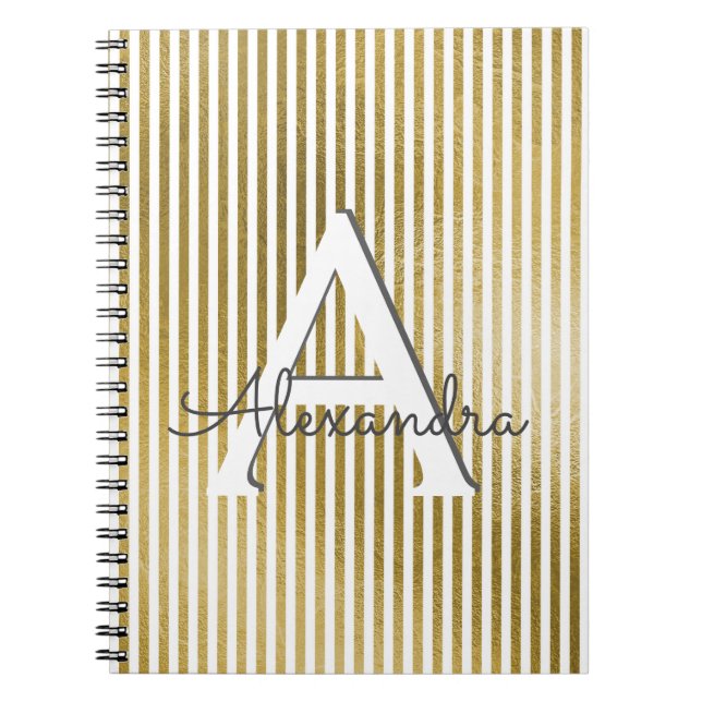 White and Gold Foil Striped Monogram & Initial Notebook (Front)