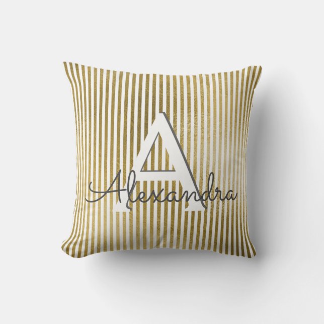 White and Gold Foil Striped Monogram & Initial Throw Pillow (Front)