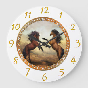 White and gold frame horses Large Clock