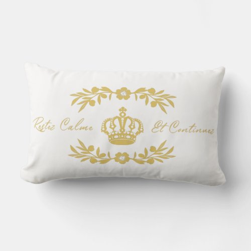 white and gold French Script Keep Calm Carry On Lumbar Pillow