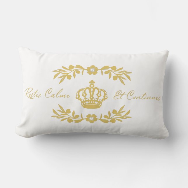 white and gold French Script Keep Calm Carry On Lumbar Pillow (Front)