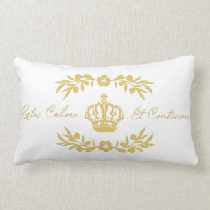 white and gold French Script Keep Calm Carry On Lumbar Pillow
