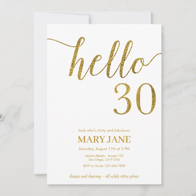 White and Gold Glitter 30th Birthday Invitation (Front)
