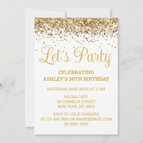 White and Gold Glitter 30th Birthday Lets Party Invitation