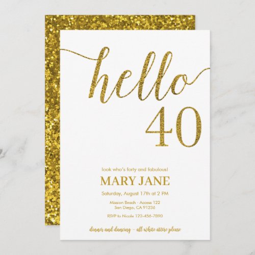 White and Gold Glitter 40th Birthday Invitation