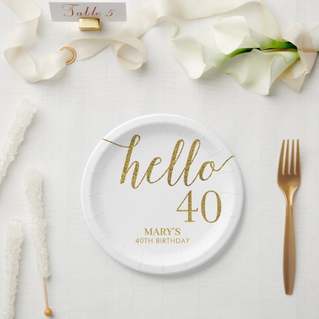 White and Gold Glitter 40th Birthday Paper Plates (Wedding)