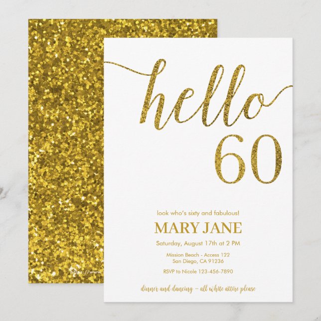 White and Gold Glitter 60th Birthday Invitation (Front/Back)