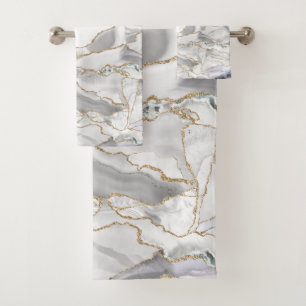 White and gold glitter agate bath towel set