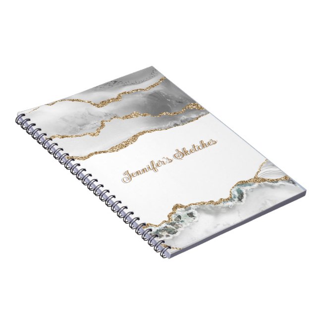 White and Gold Glitter Agate Girly Personalized  Notebook (Right Side)