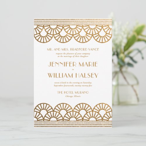 White and Gold Glitter Art Deco Fan Wedding Invitation