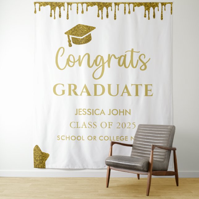 White And Gold Glitter Graduation Photo Backdrop (In Situ)