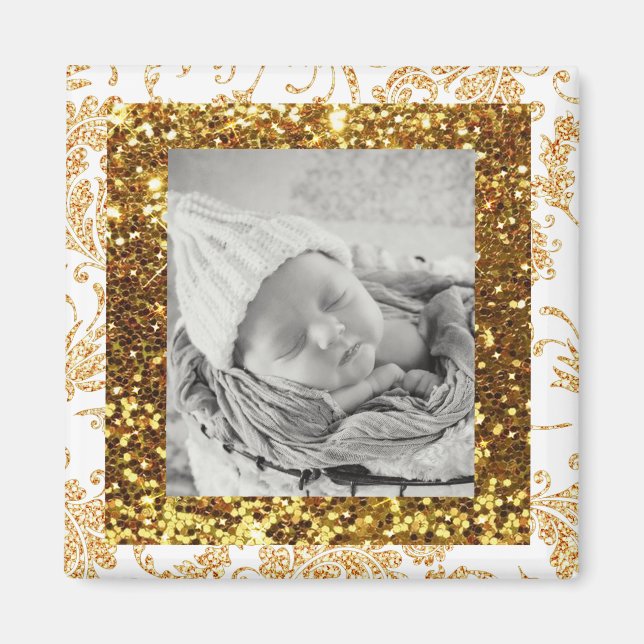 White and Gold Glittery Baby Photo Magnet (Front)