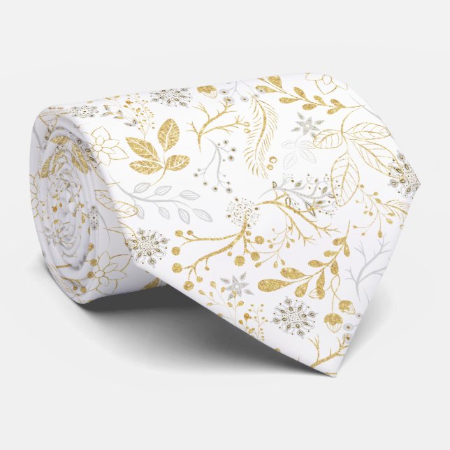 White and Gold Glittery Nordic Pattern  Neck Tie (Rolled)