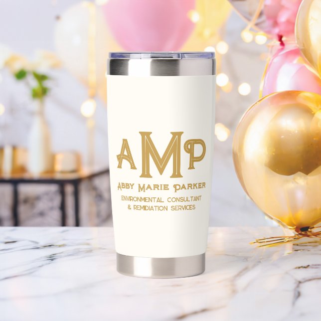 White and Gold Gold Monogram Employee Name Insulated Tumbler (Bachelor Party (Rotated))