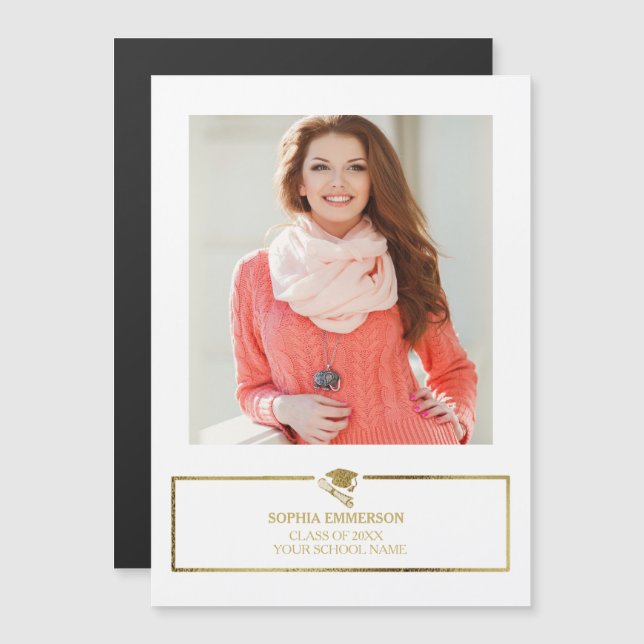 White and Gold Graduation Cap Photo Announcement (Front/Back)