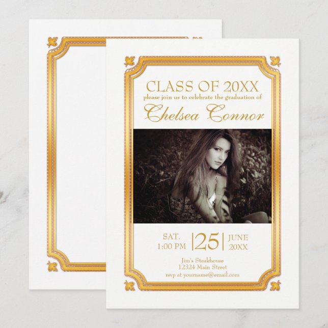 White and Gold 🎓 Graduation Invitation (Front/Back)