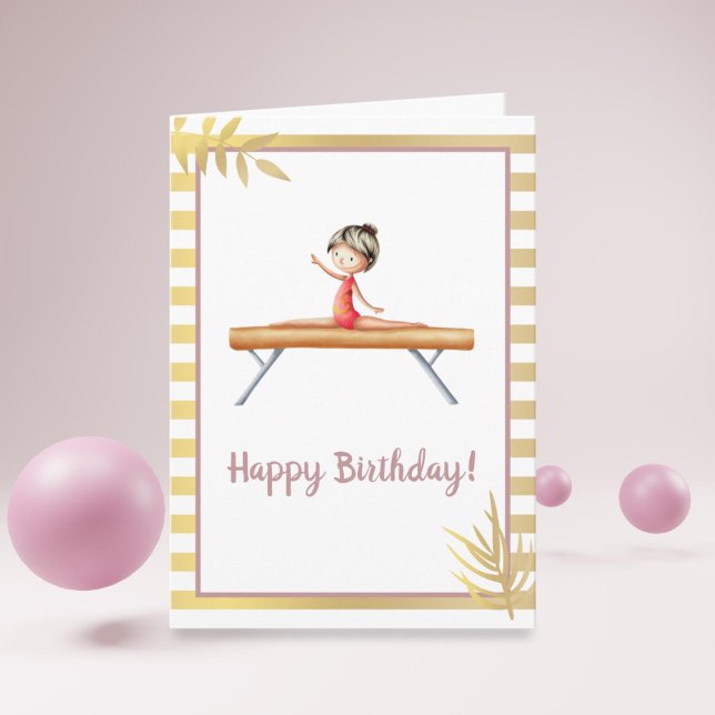 White and gold gymnastics girl on beam birthday card (Creator Uploaded)