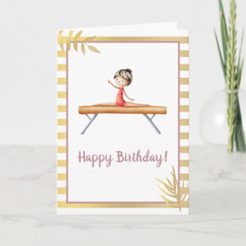 White and gold gymnastics girl on beam birthday card