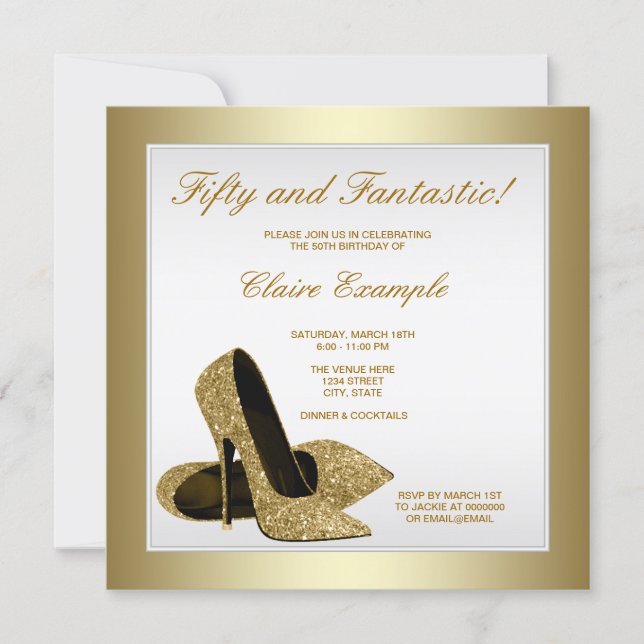 White and Gold High Heels Womans 50th Birthday Invitation (Front)