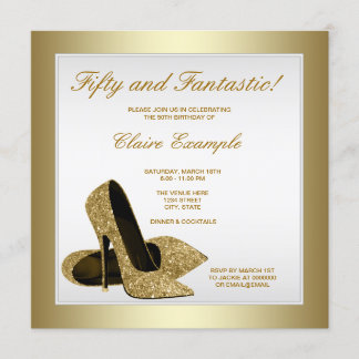 White and Gold High Heels Womans 50th Birthday Invitation