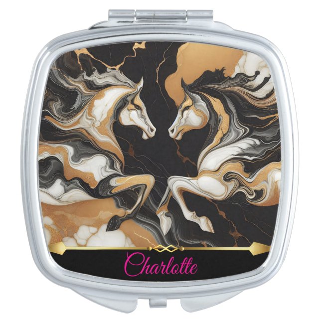 White and gold horses in motion compact mirror (Front)