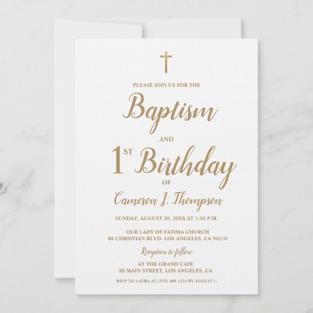 White and gold hue baptism birthday joint custom invitation (Front)