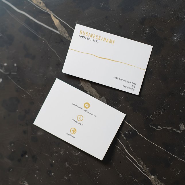 White and gold icons stripe business card (White and gold business card. Professional business card with 3 bold and simple icons on the back.)