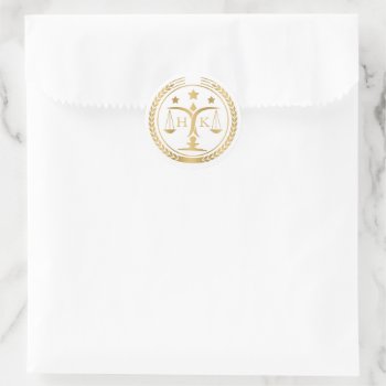 White And Gold Justice Logo Monogram Classic Round Sticker by artOnWear at Zazzle
