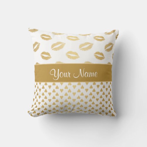 White and Gold Kisses and Love Hearts Throw Pillow