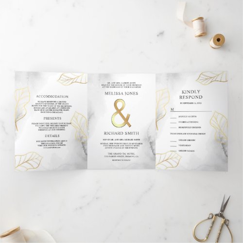 White and Gold Leaves Ampersand All in One Wedding Tri_Fold Invitation