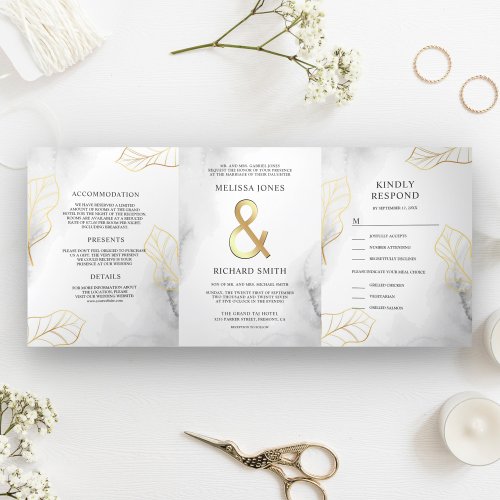 White and Gold Leaves Ampersand All in One Wedding Tri_Fold Invitation