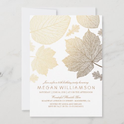 White and Gold Leaves Fall Birthday Party Invitation