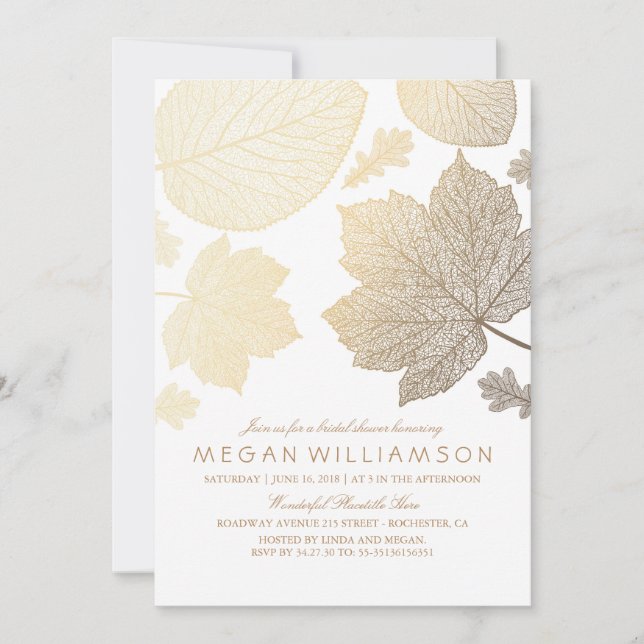White and Gold Leaves Fall Bridal Shower Invitation (Front)
