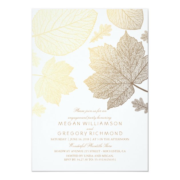 White And Gold Leaves Fall Engagement Party Invitation