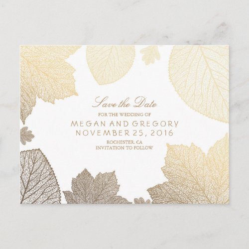 white and gold leaves fall save the date announcement postcard