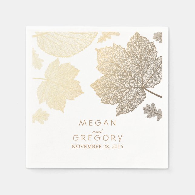 White and Gold Leaves Fall Wedding Paper Napkins (Front)