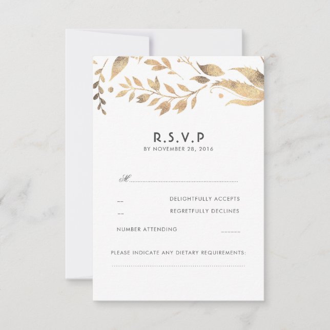 White and Gold Leaves Wedding RSVP Card (Front)