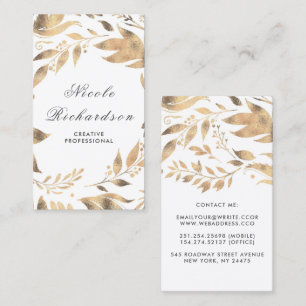 White and Gold Leaves Wreath Modern Chic Business Card