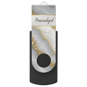 White and Gold Liquid Moonstone Personalized Flash Drive