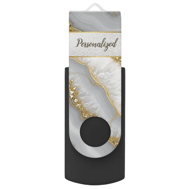 White and Gold Liquid Moonstone Personalized Flash Drive (Front Vertical)