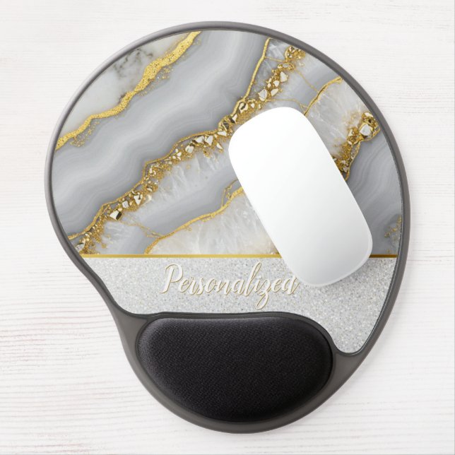 White and Gold Liquid Moonstone Personalized Gel Mouse Pad (Left Side)