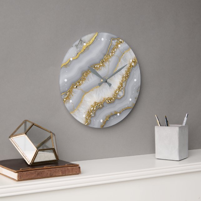 White and Gold Liquid Moonstone Personalized Large Clock (Office)