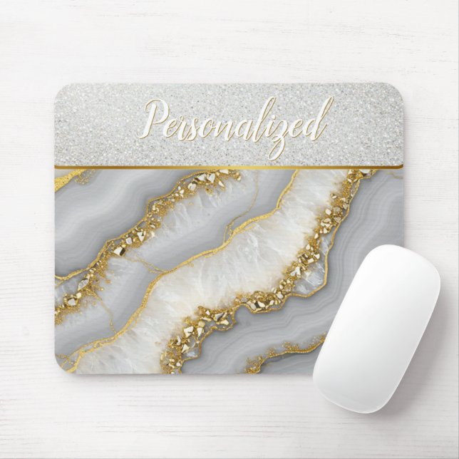 White and Gold Liquid Moonstone Personalized Mouse Pad (With Mouse)