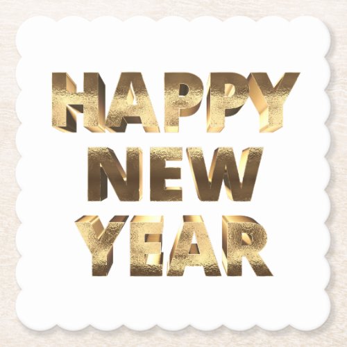 White and Gold Look Typography Happy New Year Paper Coaster