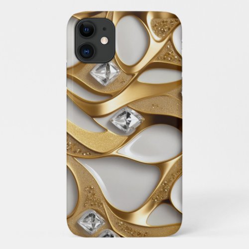White and Gold Luxury Modern Abstract w Diamonds iPhone 11 Case