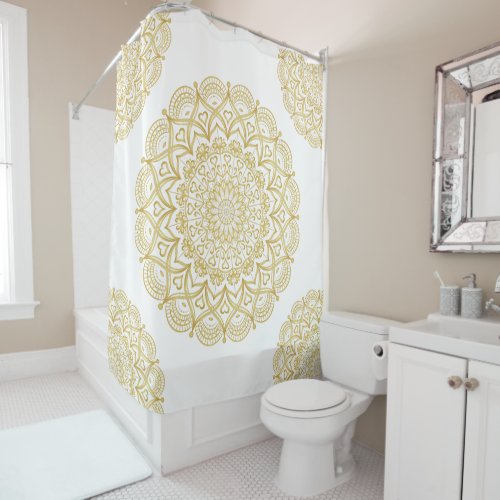 White and Gold Mandala Boho Shower Curtain