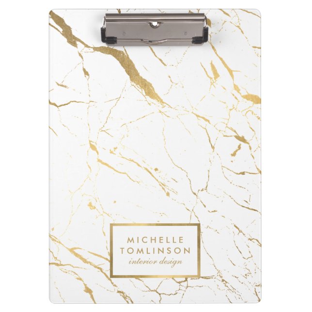 White and Gold Marble Designer Personalized Clipboard (Front)