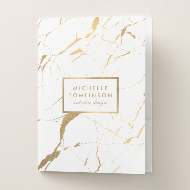 White and Gold Marble Designer Personalized Pocket Folder (Front)