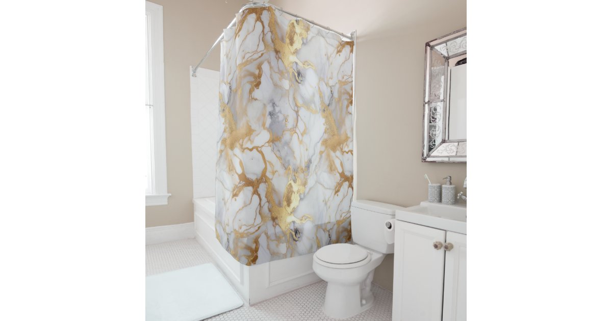 White and gold marble effect shower curtain Zazzle